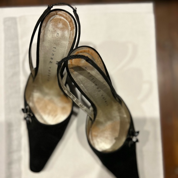 Black Satin Martinez Valero 3” Heels with rhinestone flower details. - Picture 3 of 4